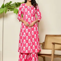 ADAA JAIPUR Women Floral Printed Regular Pure Cotton Straight Kurta with Trousers-image-95