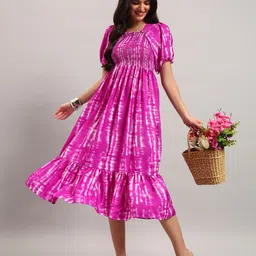 Raiyani Enterprise Tie and Dye Dyed Puff Sleeve Crepe A-Line Midi Dress-picture-12