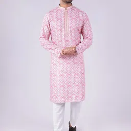 AURIK Abstract Printed Mandarin Collar Thread Work Pure Silk Straight Kurta With Pyjamas-picture-23