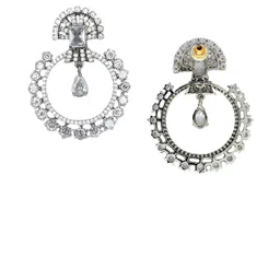 IKSAVA Silver Plated American Diamond Studded Circular Shaped Drop Earrings image 4