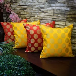 RoyalDeco Yellow & Red 4 Pieces Ethnic Motifs Brocade Square Cushion Covers-picture-27