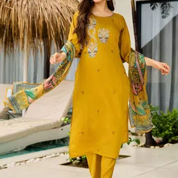 VASTRAHUT Women Ethnic Motifs Embroidered Kurta with Trousers & Dupatta image 4