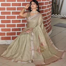 Mitera Floral Printed Shimmer Saree with Blouse Piece image 4