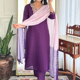 Lilots Women Solid Embroidered Kurta with Trousers & Dupatta-picture-15