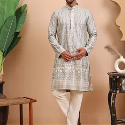 RANGKALP Men Geometric Embroidered Thread Work Kurta-image-7