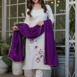 THE52 Floral Embroidered Thread Work Notch Neck Straight Kurta With Trousers & Dupatta-picture-48