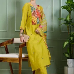 FASHOR Women Floral Embroidered Regular Thread Work Kurta with Trousers & With Dupatta image 2
