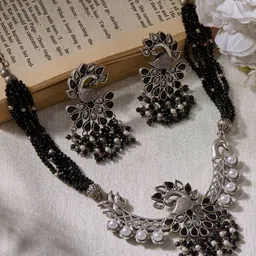 Priyaasi Silver Plated Black Oxidized Necklace & Earrings-picture-13