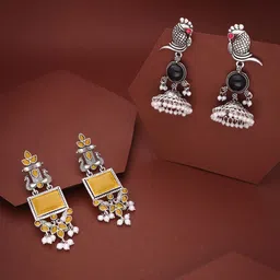 Sangria Set Of 2 Silver-Plated Artificial Stones Studded and Beads Beaded Drop Earrings-picture-34
