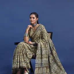 Taavi Women Hand Block Printed Kalamkari Saree With Geometric Borders & Classic Motifs-image-68