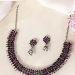VOJ Silver-Plated Stainless Steel Artificial Stones Studded Oxidised Necklace And Earrings-picture-12
