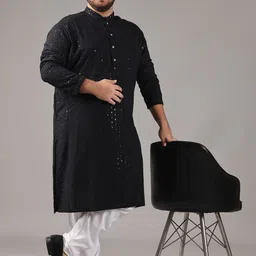 SOJANYA PLUS Size Embroidered Sequinned Mandarin Collar Pure Cotton Straight Kurta image 4