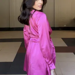 House of Sal Women Solid Pink Fit & Flare Wrap Mini Satin Playsuit image 4