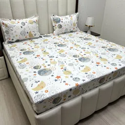 Pure Decor White & Grey Cartoon Characters Queen Bedsheet with 2 Pillow Covers-image-21