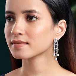 Peora Silver Plated Cubic Zirconia Contemporary Drop Earrings image 4