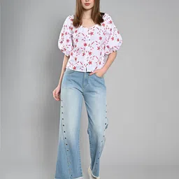 IZEL Women Floral Embroidered Sweetheart Neck Puff Sleeves Cotton Top-picture-11