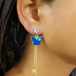 PolluxCraft Gold-Plated Stones Studded Pearls Beaded Butterfly Shaped Drop Earrings-picture-14