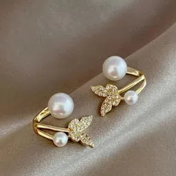 PASU FASHION Stainless Steel Artificial Stones And Pearls Studded Butterfly Shaped Studs image 4