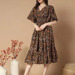 Raiyani Enterprise Print Bell Sleeve Crepe Fit & Flare Midi Dress-image-28