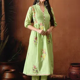 DERAIL Embroidered Pleated Thread Work Pure Cotton A-Line Kurta With Trousers & Dupatta image 4