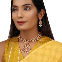 EVY Gold-Plated Artificial Stones Studded and Beaded Choker Necklace With Earrings-image-13