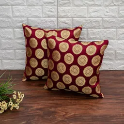 RoyalDeco Maroon & Gold-Toned Set of 2 Ethnic Motifs Square Cushion Covers-image-79