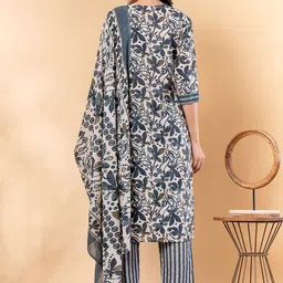 Readiprint Floral Printed Round Neck Mirror Work Straight Kurta With Trousers & Dupatta image 3