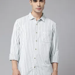 Sand Dunes Vertically Striped Pure Cotton Slim Fit Corduroy Shirt-image-22