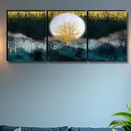 SAF Gold-Toned & White 3 Pieces Tree & Moon Wood Wall Art-picture-12