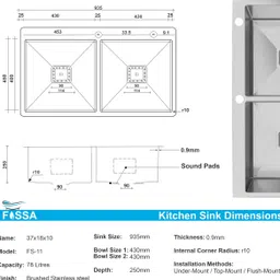 fossa 37x18x10 Inch Double Bowl With Tap Hole Premium Handmade Kitchen Sink FS-11 Vessel Sink image 2
