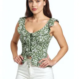 DressBerry Floral Print Sweetheart Neck Flutter Sleeve Ruffles Top-image-45