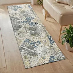 LUXEHOME INTERNATIONAL Off White & Navy Blue Abstract Printed Floor Runner image 2