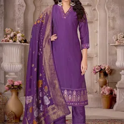 PARROT CREATION Embroidered Sequinned V-Neck Pure Silk Kurta With Trousers And Dupatta-picture-27