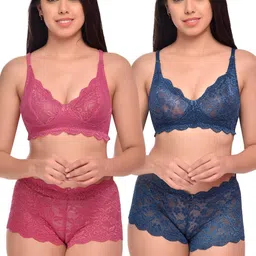 samvar Women Pink,Blue Net Bra Panty Set for Lingerie Set Undergarments Pack of 2-picture-11