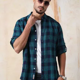 High Star Men Comfort Fit Spread Collar Tartan Checked Cotton Casual Shirt-image-46