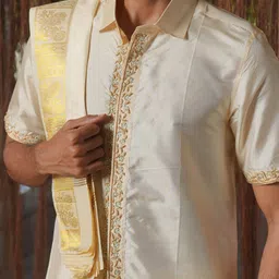 HILO DESIGN Floral Embroidered Shirt Collar Pure Silk Shirt & Dhoti With Dupatta image 5