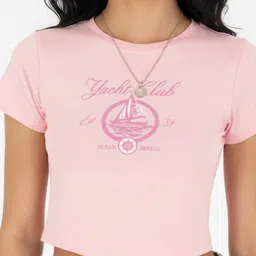 glitchez Graphic Printed Asymmetric Hem Fitted Crop Top image 2