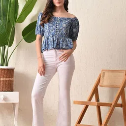 DECKEDUP Floral Print Off-Shoulder Puff Sleeve Indigo Cotton Blouson Crop Top image 2