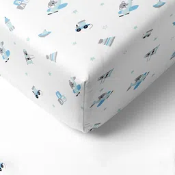 The White Cradle Blue & White Cartoon Printed 120 TC Cotton Fitted Crib Bedsheets-image-77