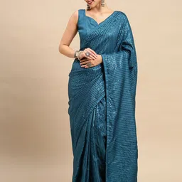 KALINI Striped Sequinned Silk Blend Saree-image-1