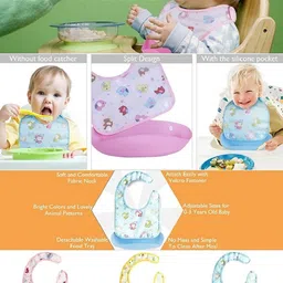 connectwide Silicone Soft Adjustable Fabric Neck, Detachable Tray, Baby Bib Waterproof Burp Cloths with Food Catcher (Blue) image 4