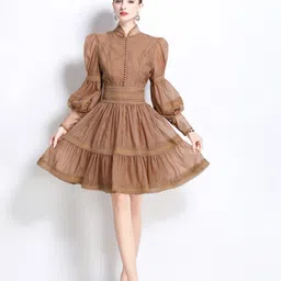JC Collection Women Mandarin Collar Puff Sleeves Lace Inserts Fit and Flare Dress-picture-37