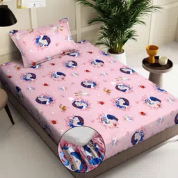 KLOTTHE Blue & Pink Printed 400 TC Pure Cotton Fitted Single Bedsheet With 1 Pillow Covers-picture-29