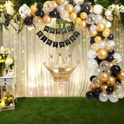 r g accessories Birthday Party Decoration Combo Kit – 86 Pcs Set – Birthday Banner Black Balloon White Balloon Golden Balloon Golden confetti Balloon, balloon Arch glue dot crown Foil Balloon – Birthday Decoration-picture-14