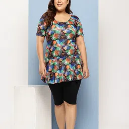 Here&Now Womens Orange-Black Colour Abstract Print Nylon Plus Size Swim Suit Printed Women Swim-dress Orange Swimsuit-picture-11