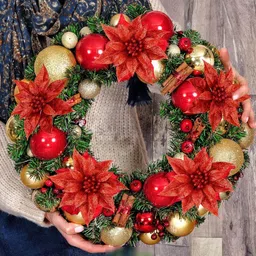 sesonby Red Glitter Poinsettia Artificial Flowers Christmas Xmas Tree Ornaments Hanging Ornaments Pack of 10 image 2