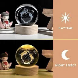 shopogenix Crystal Ball Night Ligh Night Lamp with Woodern Base Night Lamp (8 cm, moon) Table Lamp image 4