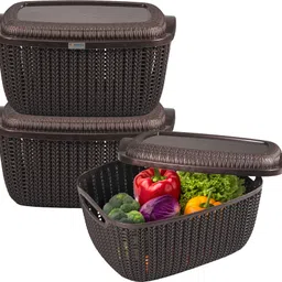 3 Pcs Plastic M 25 Basket for Storage Vegetables and Fruits with Lid | Brown Plastic Fruit & Vegetable Basket-image-37