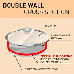sumeet Stainless Steel Double Wall Insulated Hot Gravy Pot Casserole with Glass Lid Pack of 2 Thermoware Casserole Set image 3