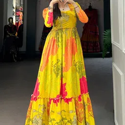 domadiya Floral Print Georgette Stitched Flared/A-line Gown-picture-15